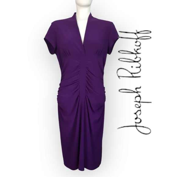 Joseph Ribkoff purple stretchy rouched front vneck short sleeve zip dress 12 - Picture 1 of 10